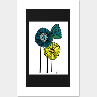 Blue, Green, and Yellow Flowers Posters and Art